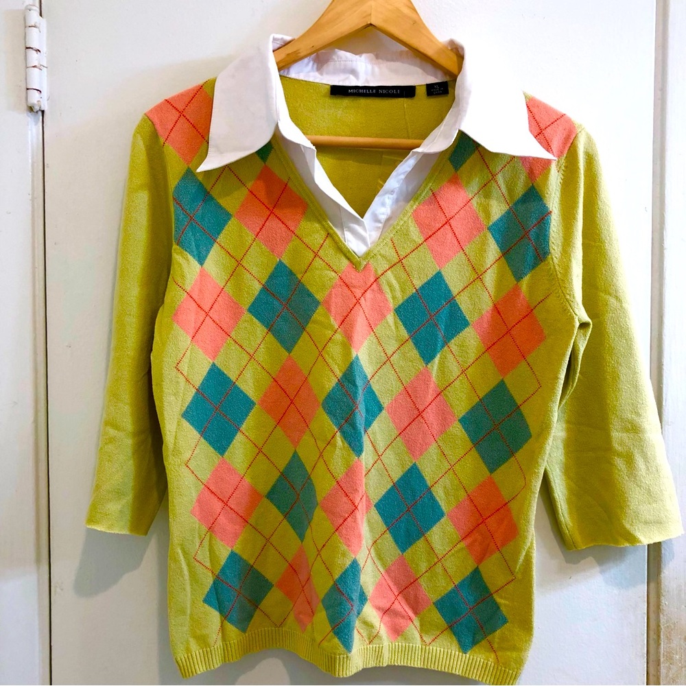 Michelle Nicole White Collared Plaid School Girl Sweater. NWT Size XL. Academia.
